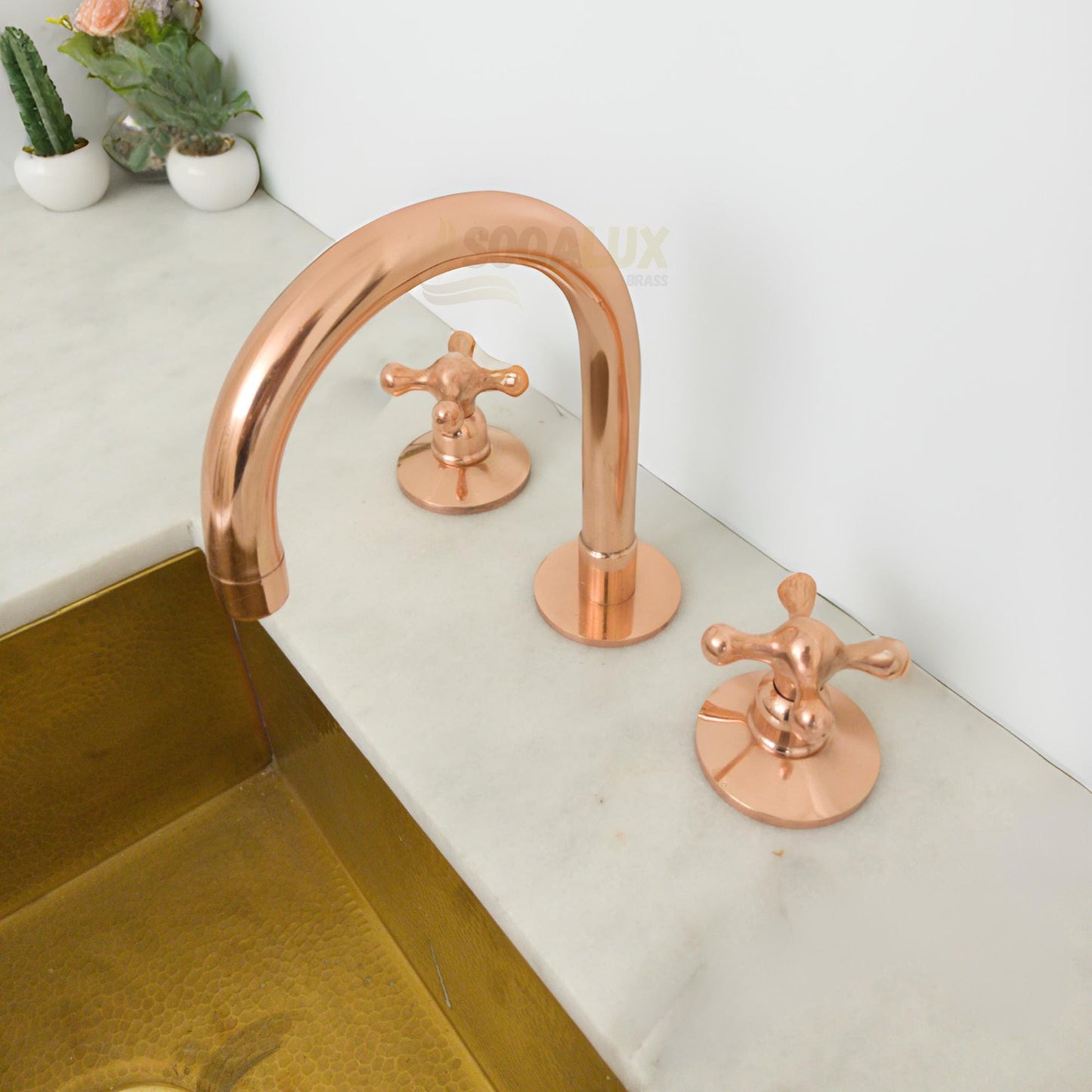 Unlacquered Copper Bathroom Faucet, Widespread 3-Hole Deck Mount, Gooseneck Tap.