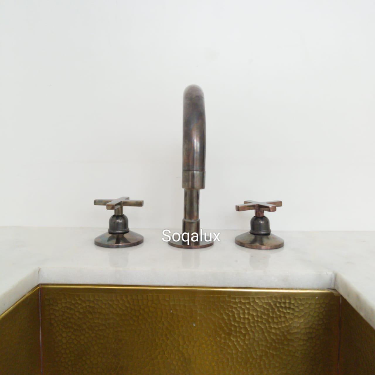 Unlacquered Dark Bronze Vanity Sink Faucet, Solid Brass Widespread 3-Hole Bathroom Tap.