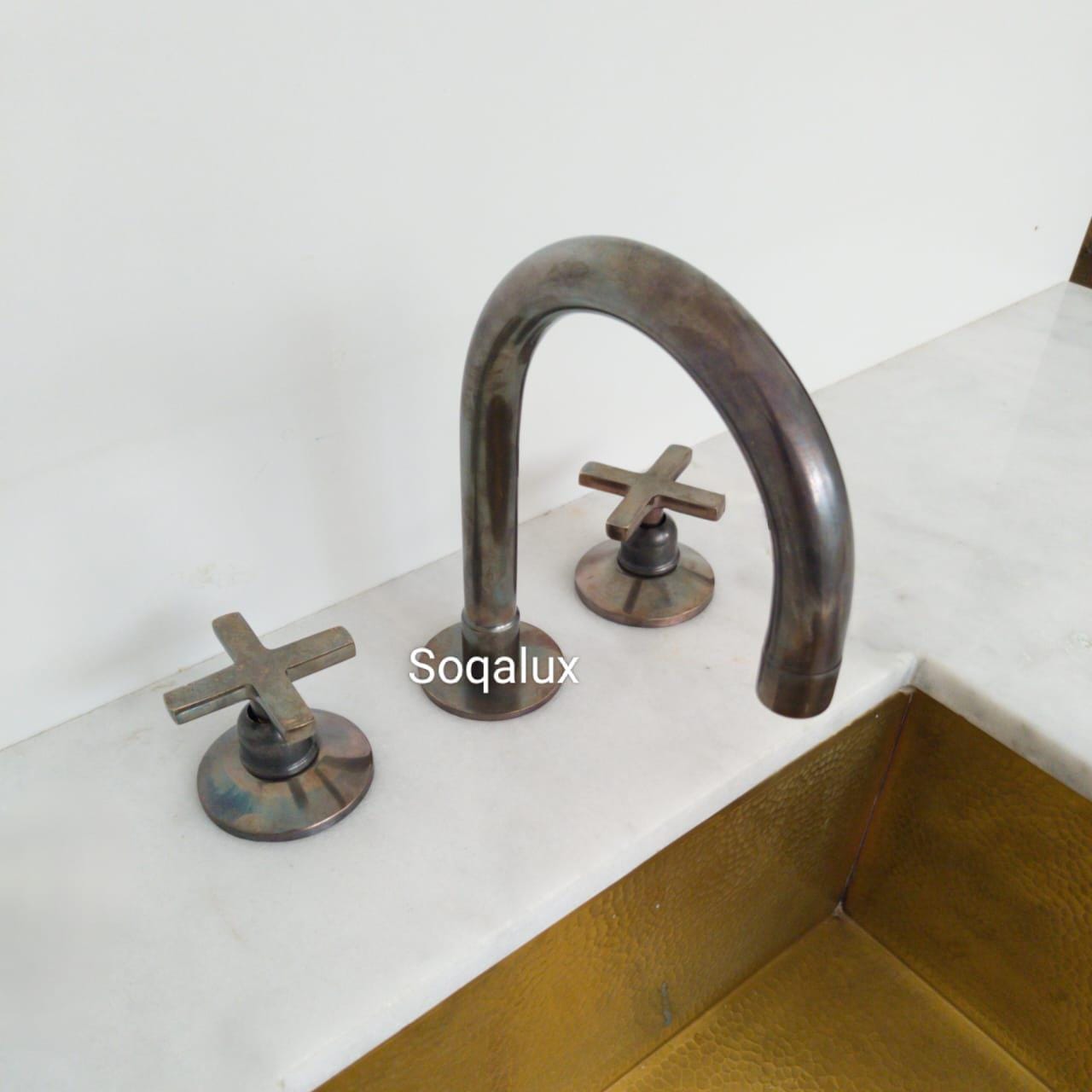Unlacquered Dark Bronze Vanity Sink Faucet, Solid Brass Widespread 3-Hole Bathroom Tap.