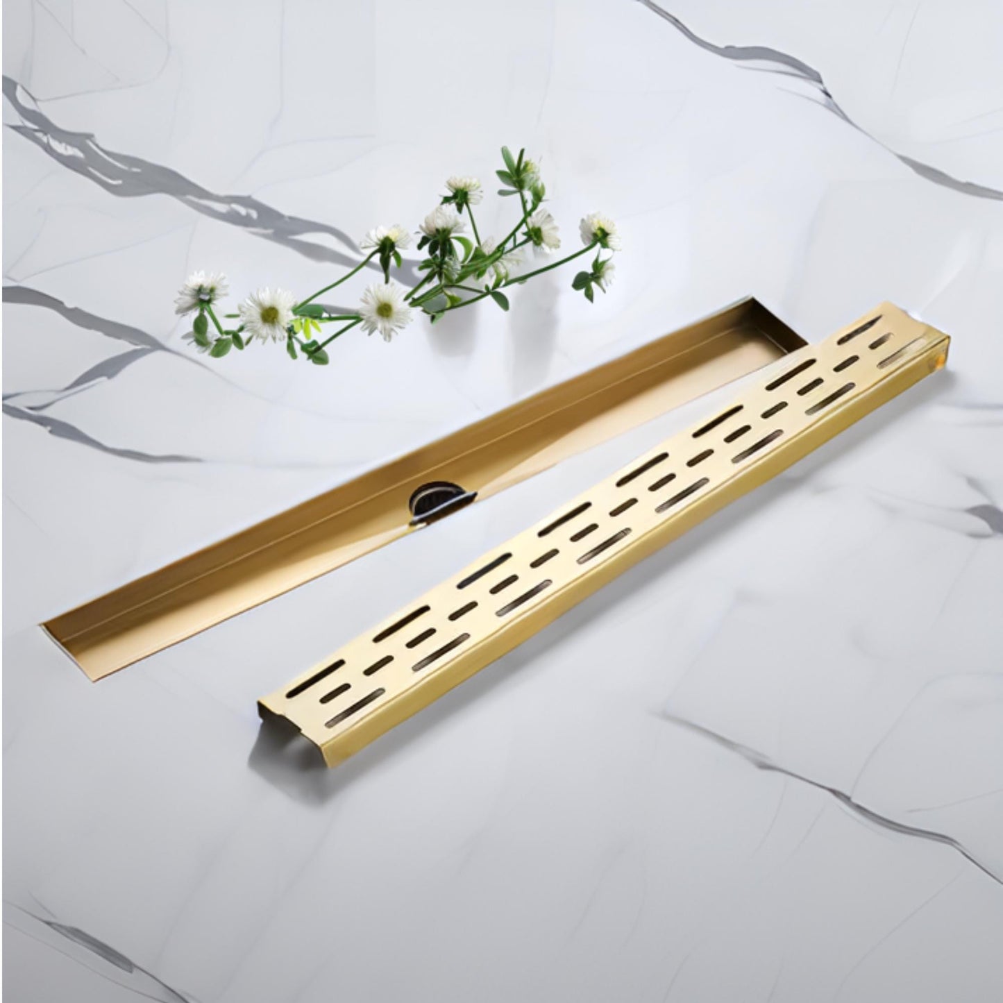 Unlacquered Brass Linear Floor Drain - Handcrafted Drain For Bathroom.