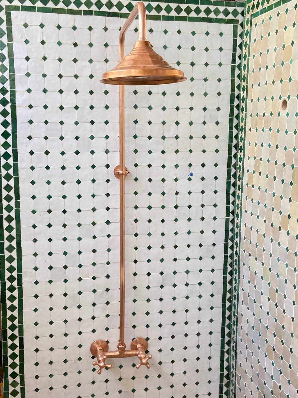 Unlacquered Copper Outdoor Shower with Copper Showerhead.