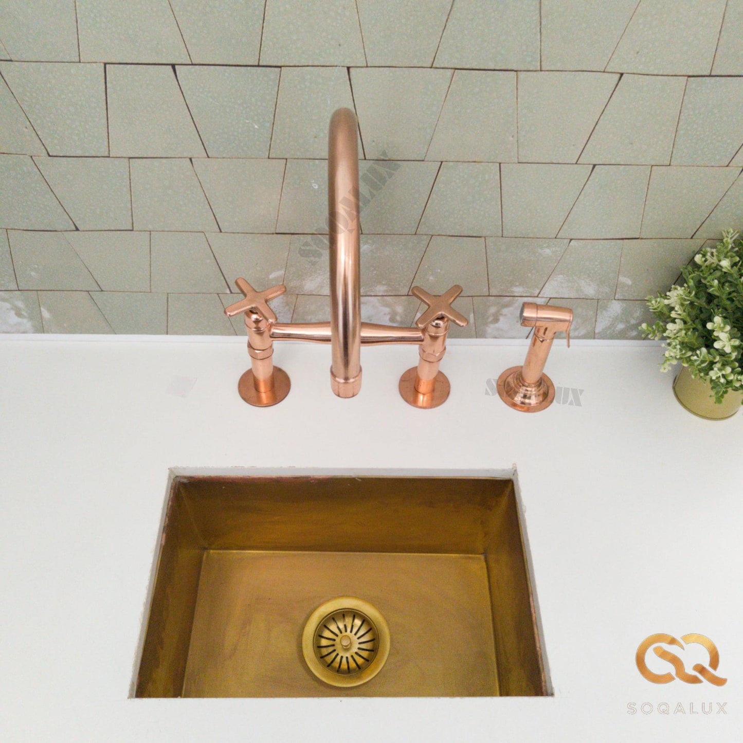 Unlacquered Copper Bridge Faucet For Kitchen.