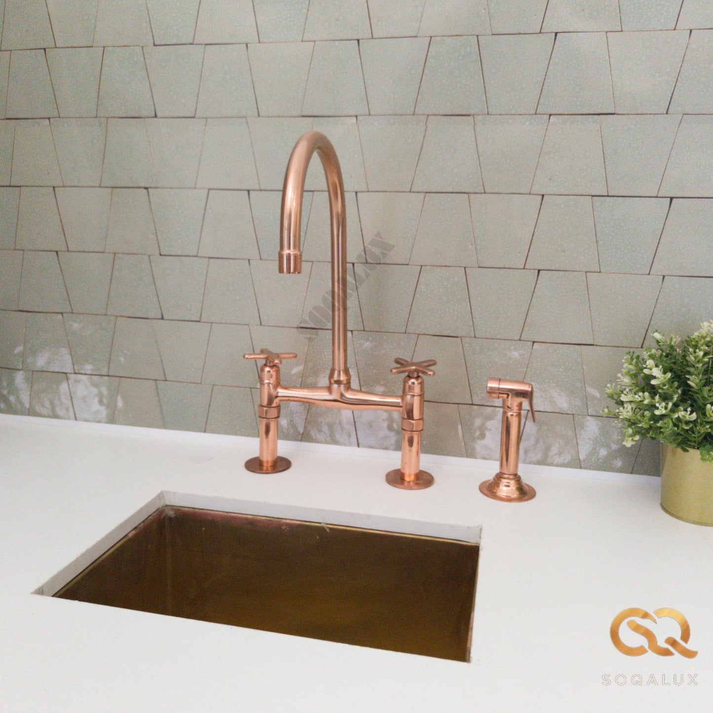 Unlacquered Copper Bridge Faucet For Kitchen.