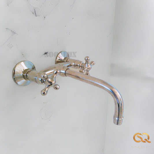 Nickel Wall mounted Bathroom Sink Faucet with Cross Handles, wall mounted nickel color, Antique style.