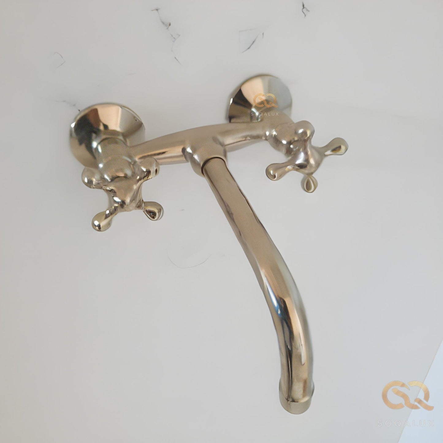 Nickel Wall mounted Bathroom Sink Faucet with Cross Handles, wall mounted nickel color, Antique style.