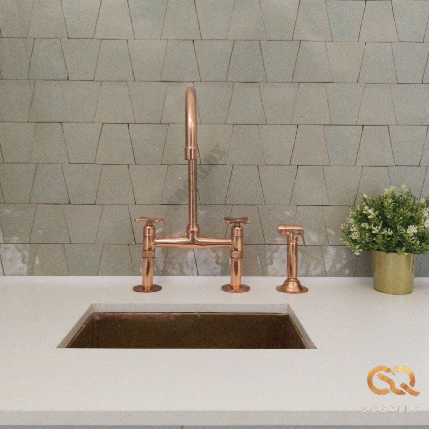 Unlacquered Copper Bridge Faucet For Kitchen.