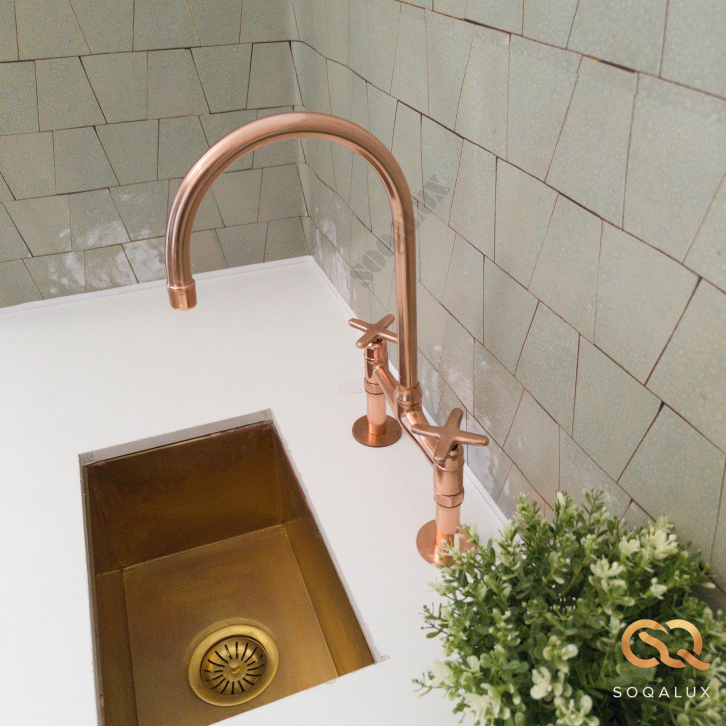 Unlacquered Copper Bridge Faucet For Kitchen.