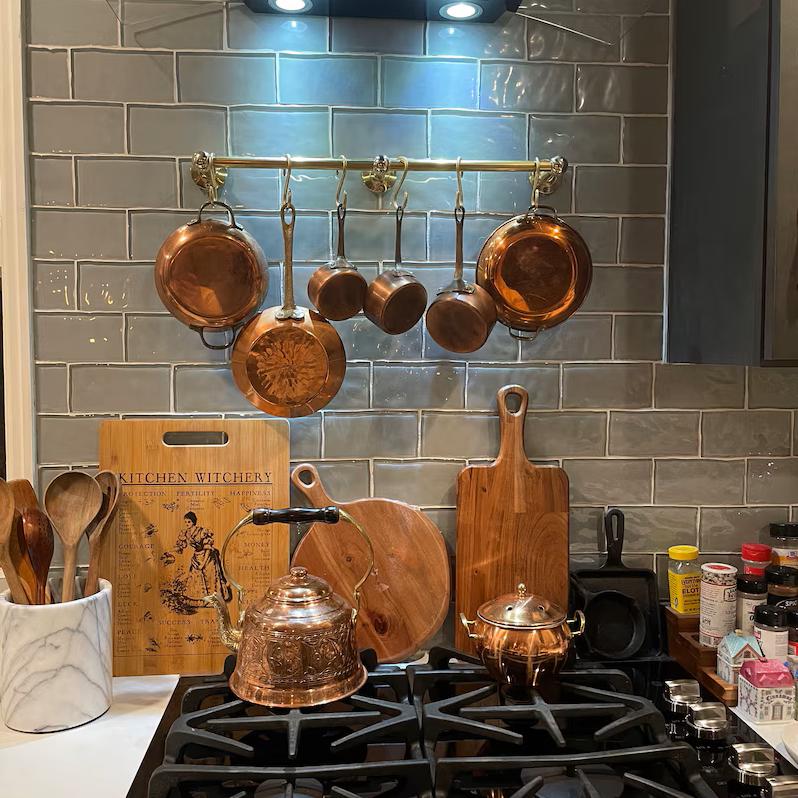 Unlacquered Solid Brass Pot Rail with S Hooks: Custom Kitchen Pot & Pan Hanging Rack.