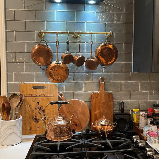 Unlacquered Solid Brass Pot Rail with S Hooks: Custom Kitchen Pot & Pan Hanging Rack.