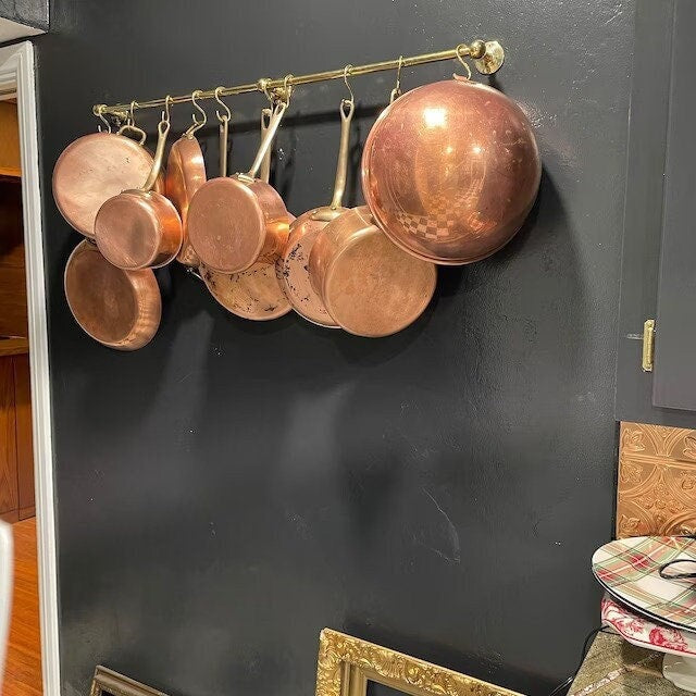 Unlacquered Solid Brass Pot Rail with S Hooks: Custom Kitchen Pot & Pan Hanging Rack.