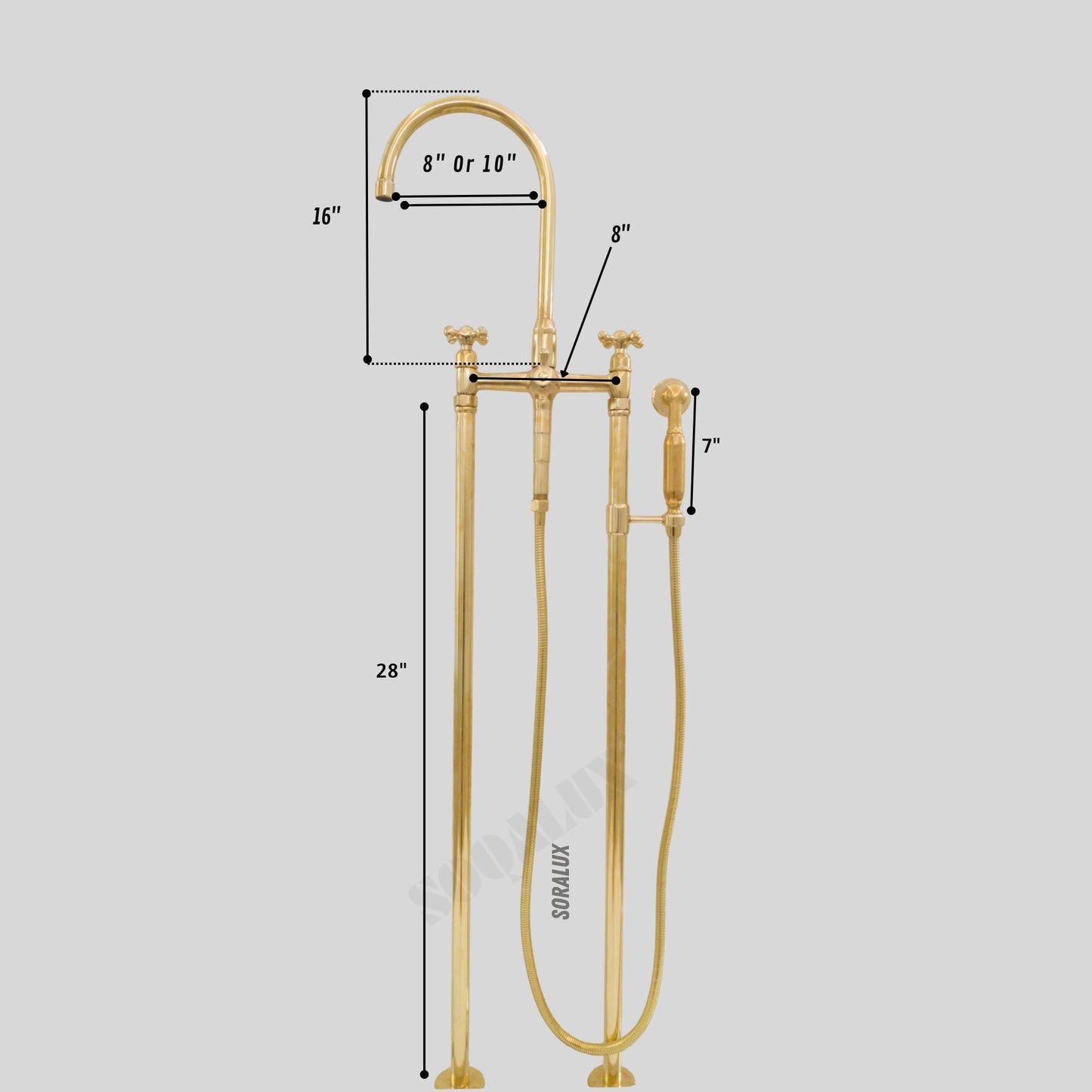 Unlacquered Solid Brass Freestanding Tub Filler, Floor Mounted with Hand Shower.
