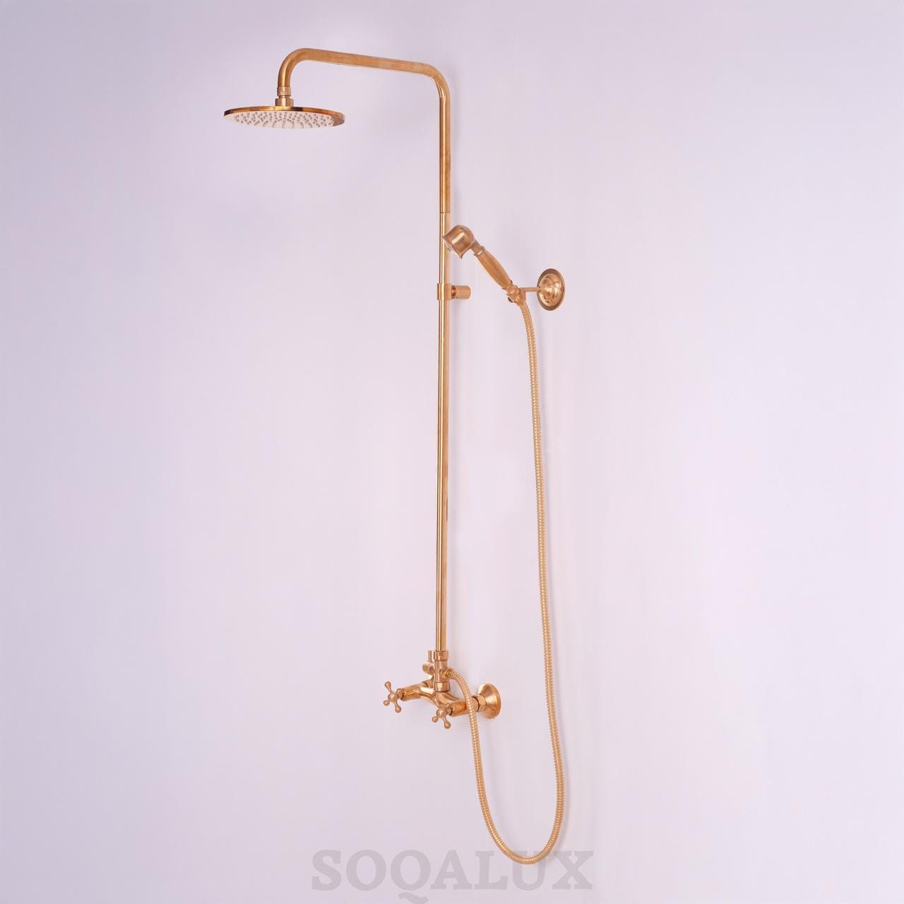 Unlacquered Brass Shower System, Wall-Mounted Shower, outdoor shower.
