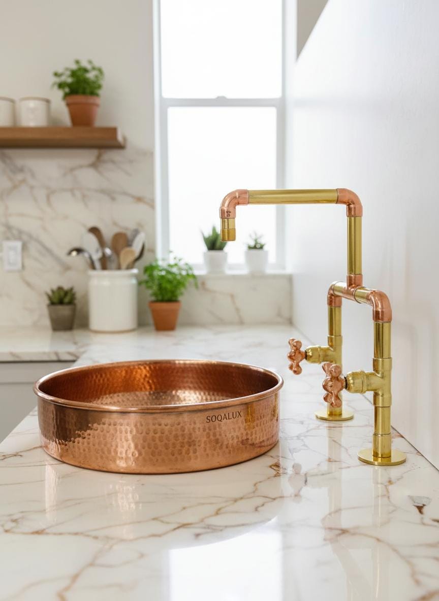 Unlacquered Brass & Copper Kitchen Faucet, Deck mount tap, Antique faucet.