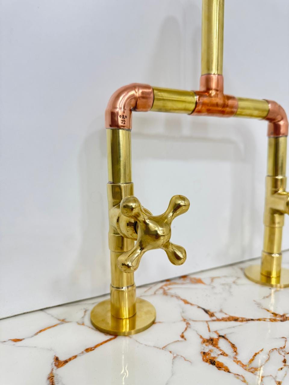 Unlacquered Brass & Copper Kitchen Faucet, Deck mount tap, Antique faucet.