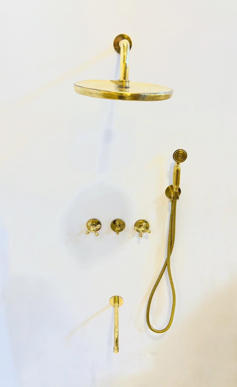 Unlacquered Solid brass shower system set, shower valve.