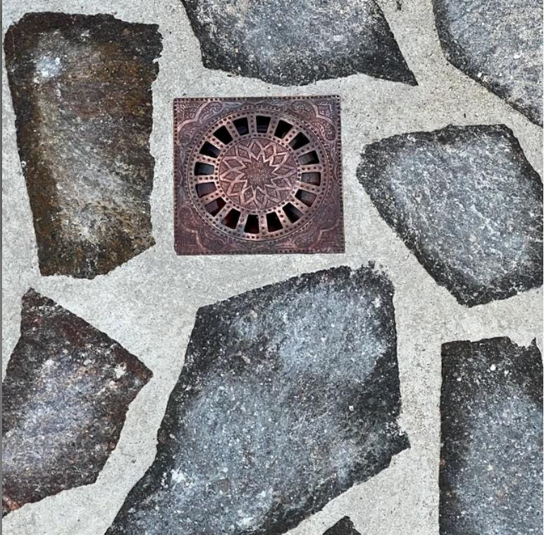 Square Floor Drain - Engraved Antique Copper Shower Drain, Handmade in Morocco, Unique Etched Drain, Handcrafted Decor