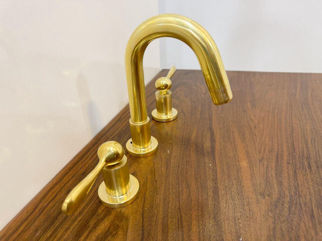 Unlacquered Solid Brass Bathroom Faucet, Widespread 3-Hole Sink Fixture.