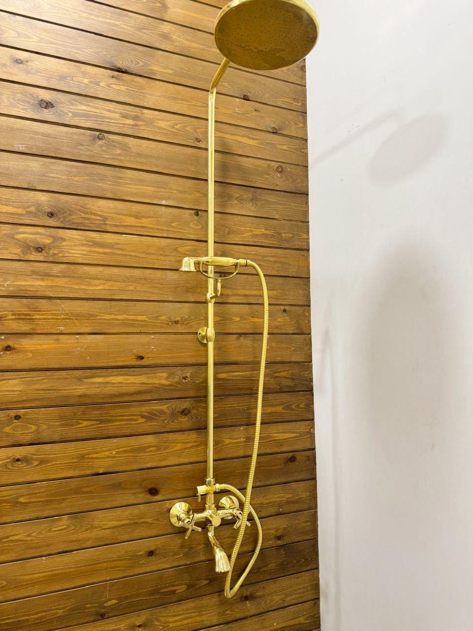 Unlacquered Brass Rainfall Shower System with handheld