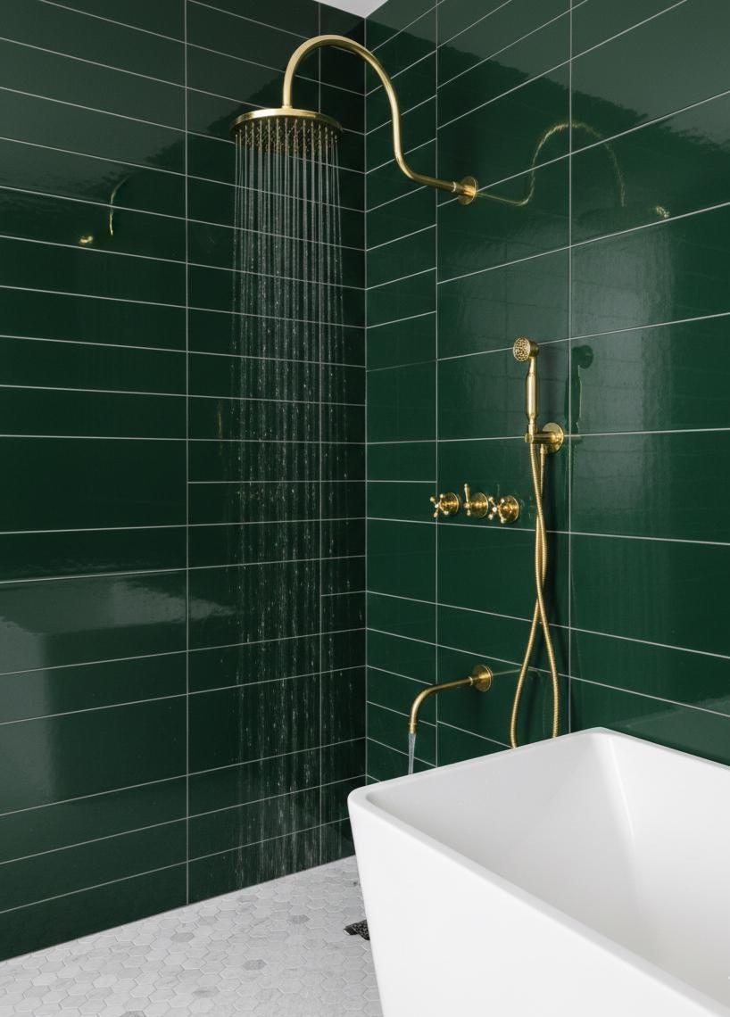 Unlacquered Brass Shower System with Handheld Shower Head & Tub Filler.
