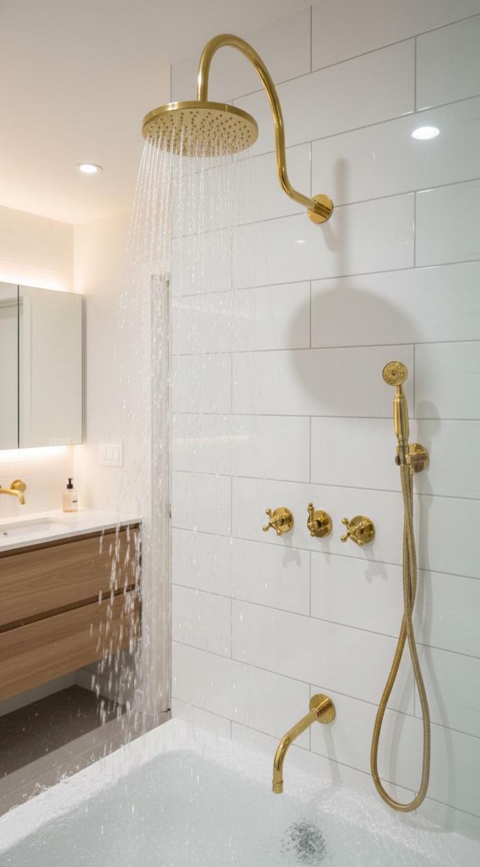 Unlacquered Brass Shower System with Handheld Shower Head & Tub Filler.