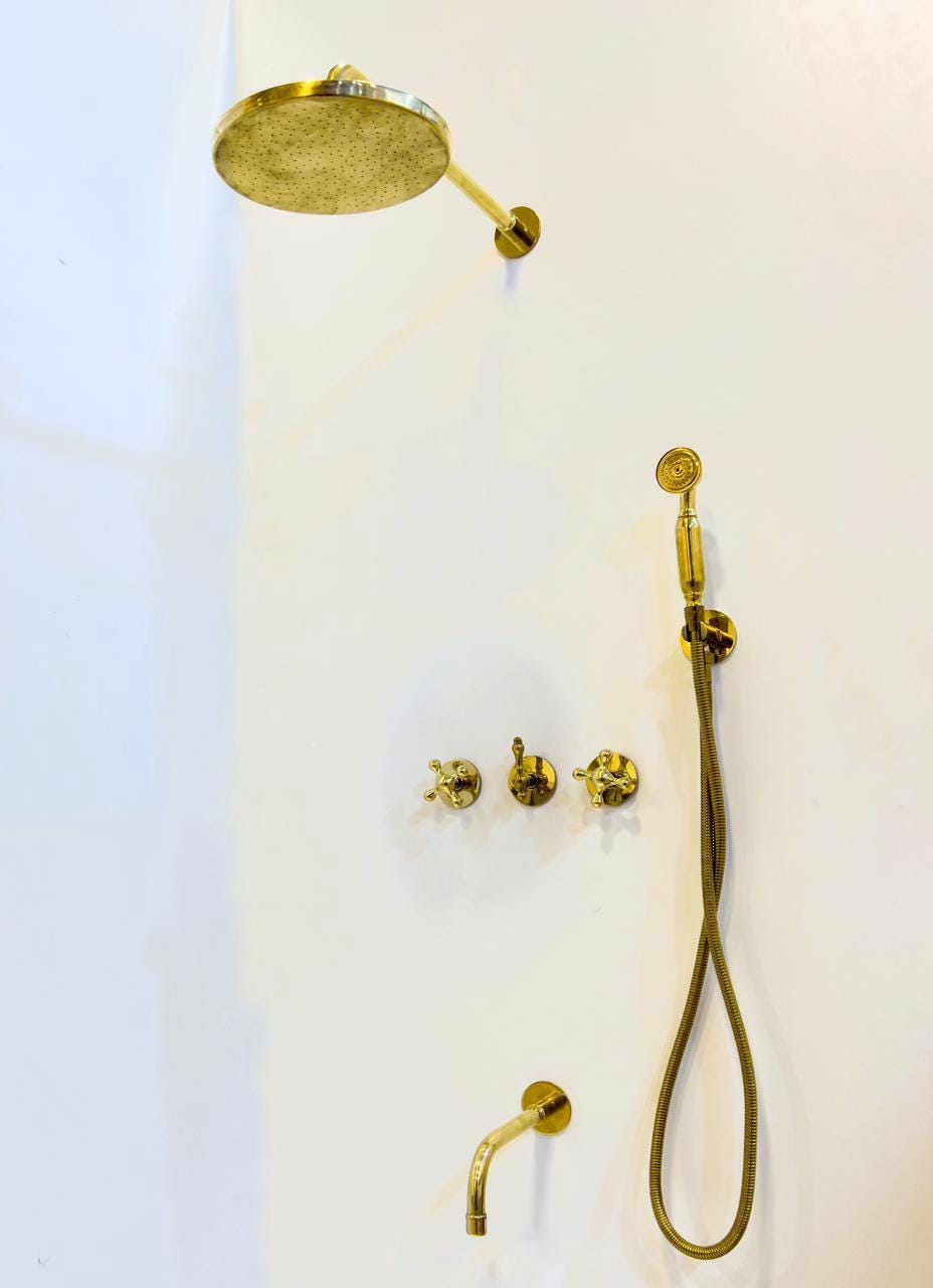 Unlacquered Solid brass shower system set, shower valve.