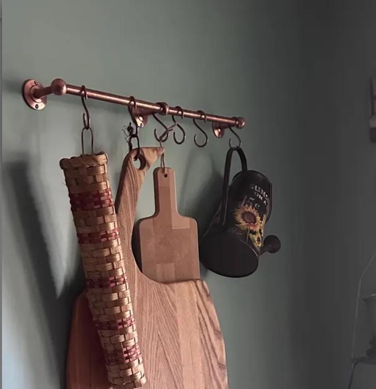 Unlacquered Copper Pot Rack For kitchen, Pot Rail or Pan Rail with S hooks.