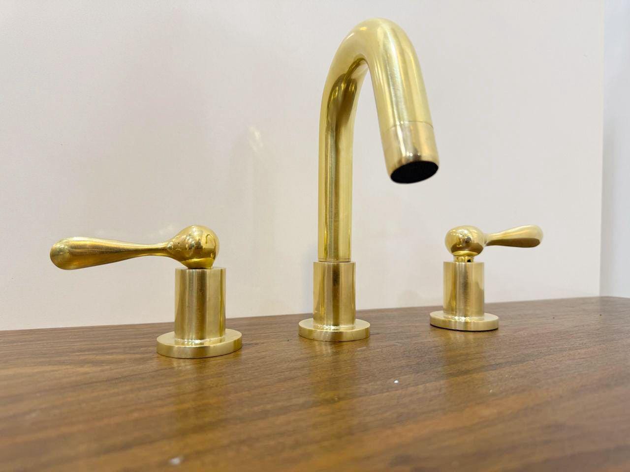 Unlacquered Solid Brass Bathroom Faucet, Widespread 3-Hole Sink Fixture.