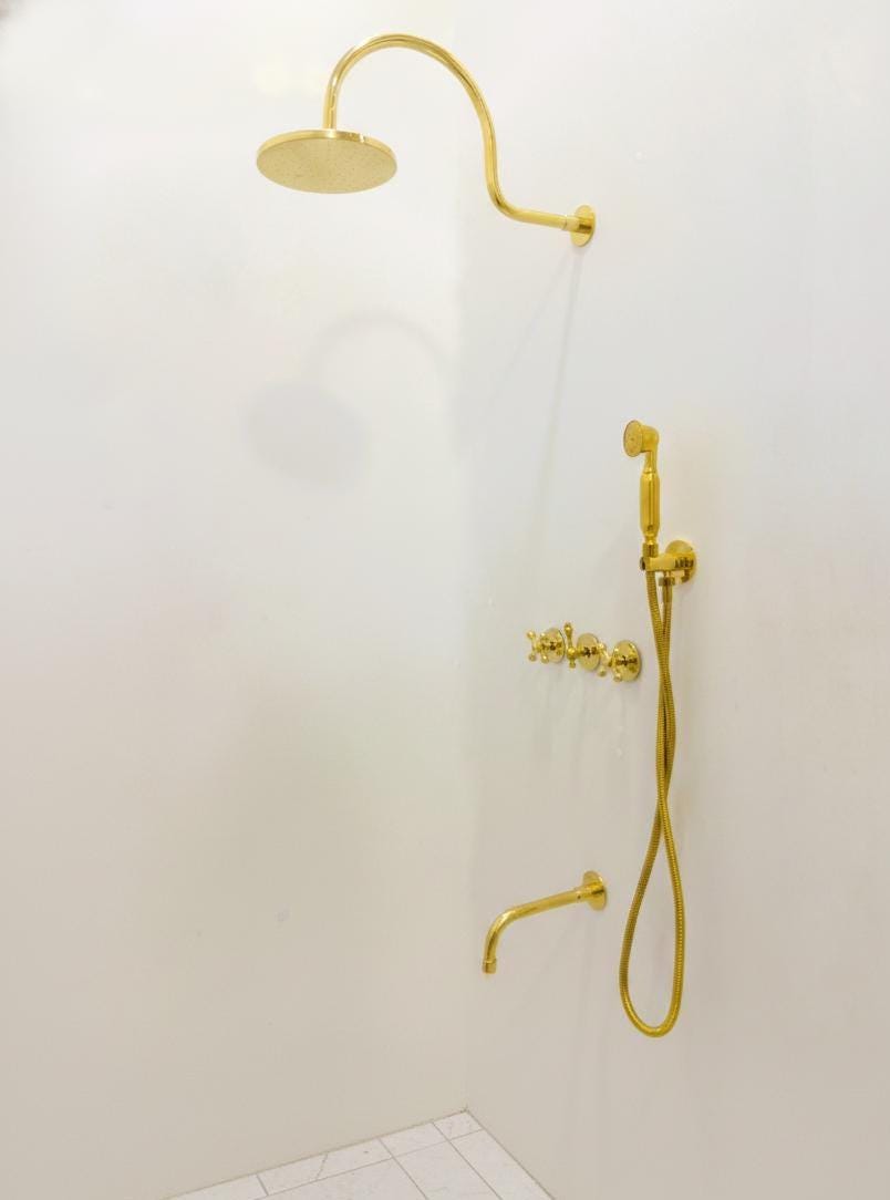 Unlacquered Brass Shower System with Handheld Shower Head & Tub Filler.