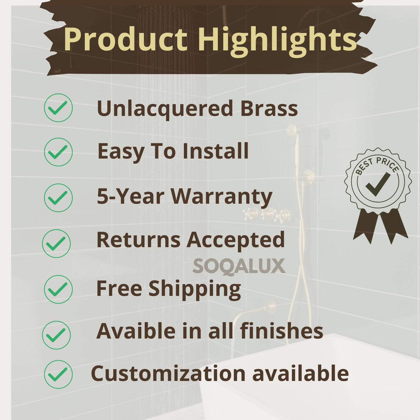Unlacquered Brass Shower System with Handheld Shower Head & Tub Filler.
