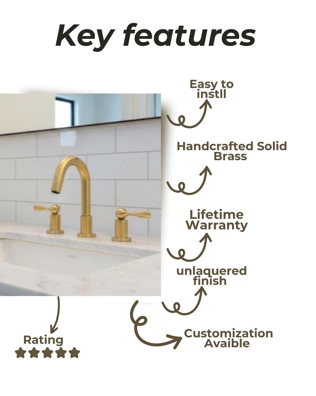 Unlacquered Solid Brass Bathroom Faucet, Widespread 3-Hole Sink Fixture.