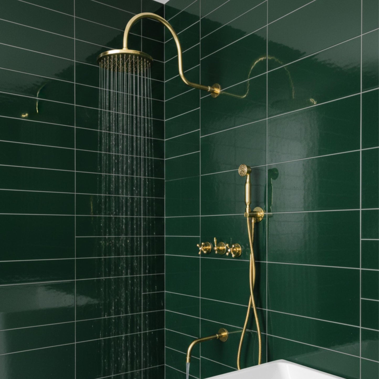 Unlacquered Brass Shower System with Handheld Shower Head & Tub Filler.