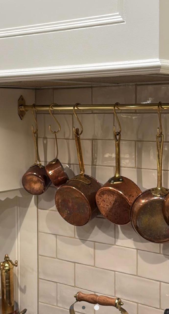 Unlacquered Brass Pot Rail with S-Hooks – Solid Brass Kitchen Hanging Rack.