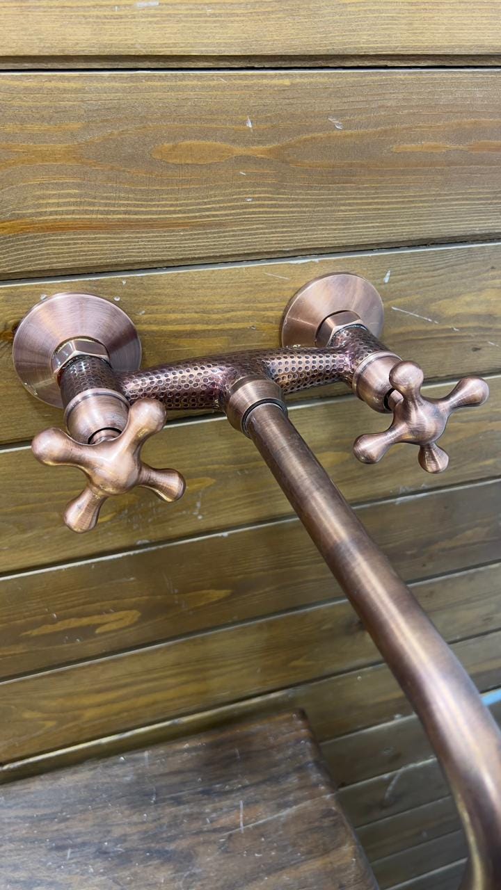 Wall Mount Copper Sink Faucet with Cross Handles.