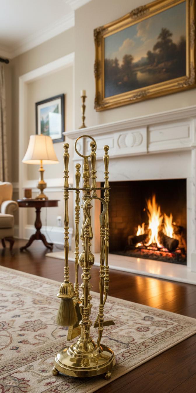 Unlacquered Solid Brass Fireplace Tool Set, Hearth Accessories