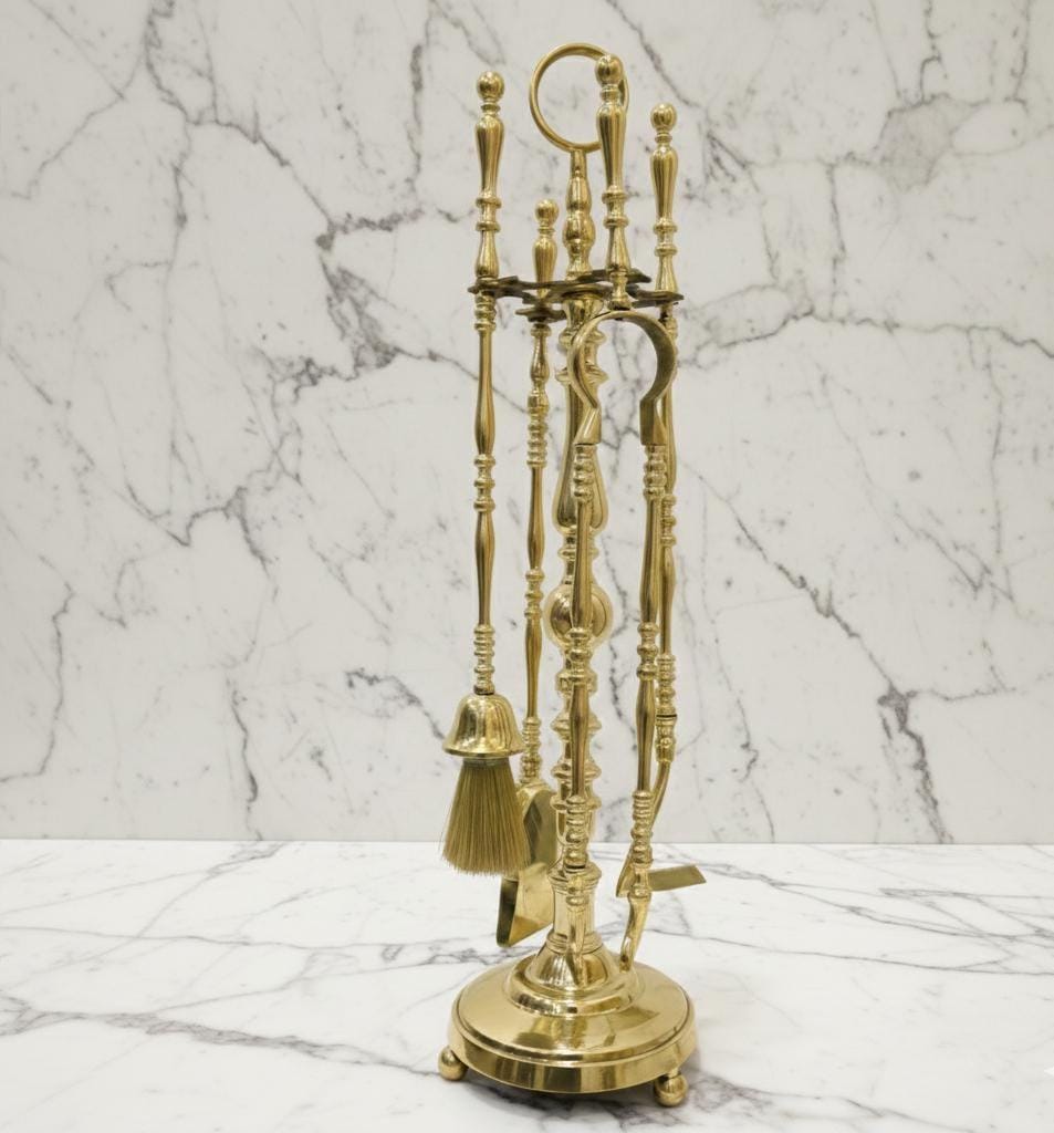 Unlacquered Solid Brass Fireplace Tool Set, Hearth Accessories