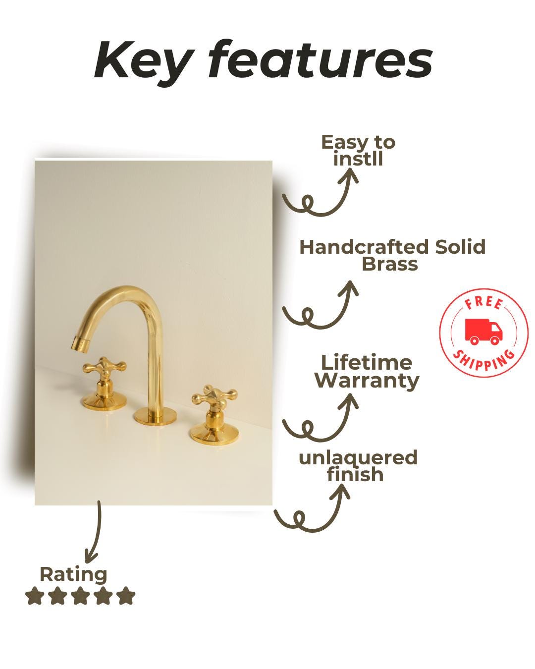 Unlacquered Brass Bathroom Faucet: Widespread Dual Handle 3-Hole Sink.