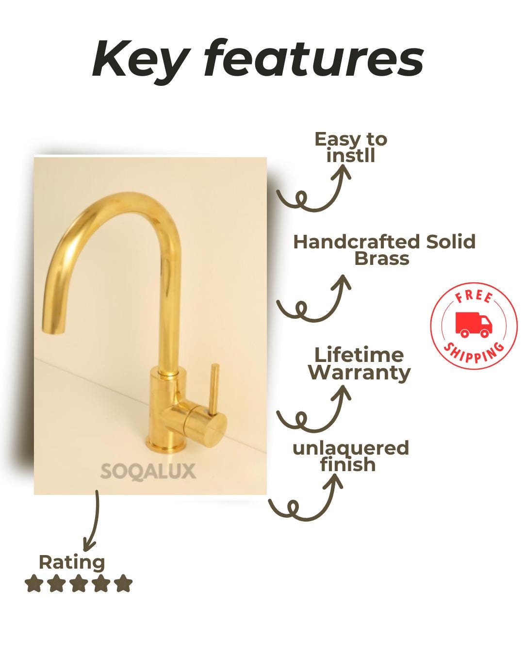 Unlacquered Solid Brass Faucet, Single Hole Faucet.