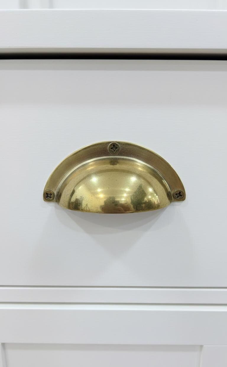 Unlacquered Solid Brass Cup Pull, Vintage Drawer & Cabinet Handle.
