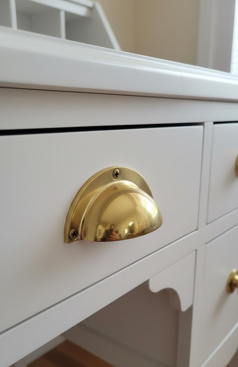Unlacquered Solid Brass Cup Pull, Vintage Drawer & Cabinet Handle.