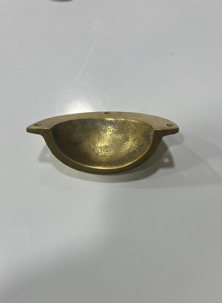 Unlacquered Solid Brass Cup Pull, Vintage Drawer & Cabinet Handle.