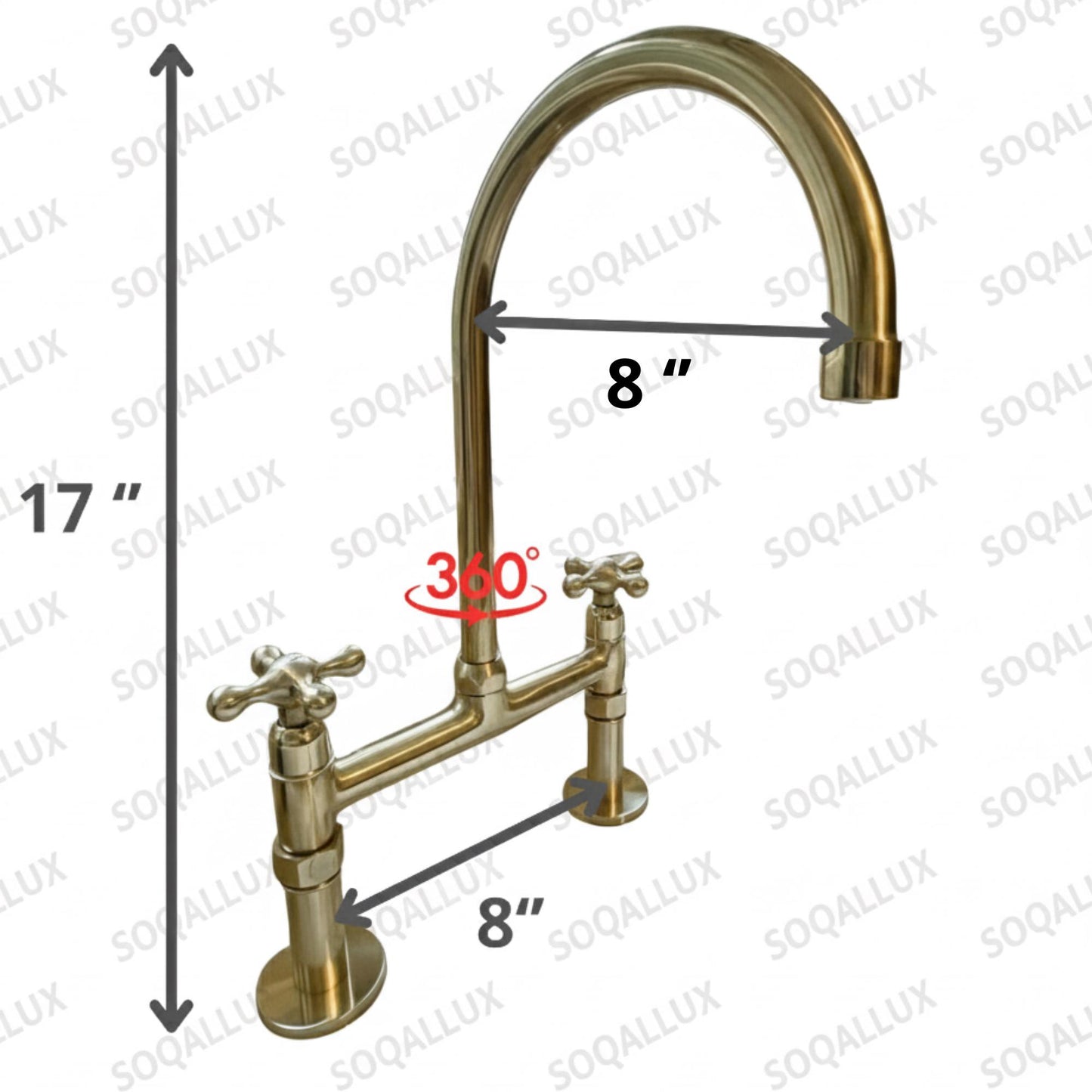 Unlacquered Brass Bridge Kitchen Sink Faucet with Sprayer.