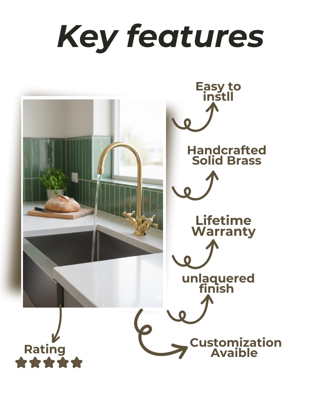 Unlacquered Solid Brass kitchen Faucet, Bar faucet, Sink Single Hole.