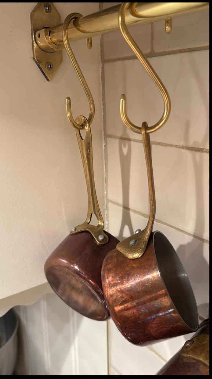 Unlacquered Brass Pot Rail with S-Hooks – Solid Brass Kitchen Hanging Rack.