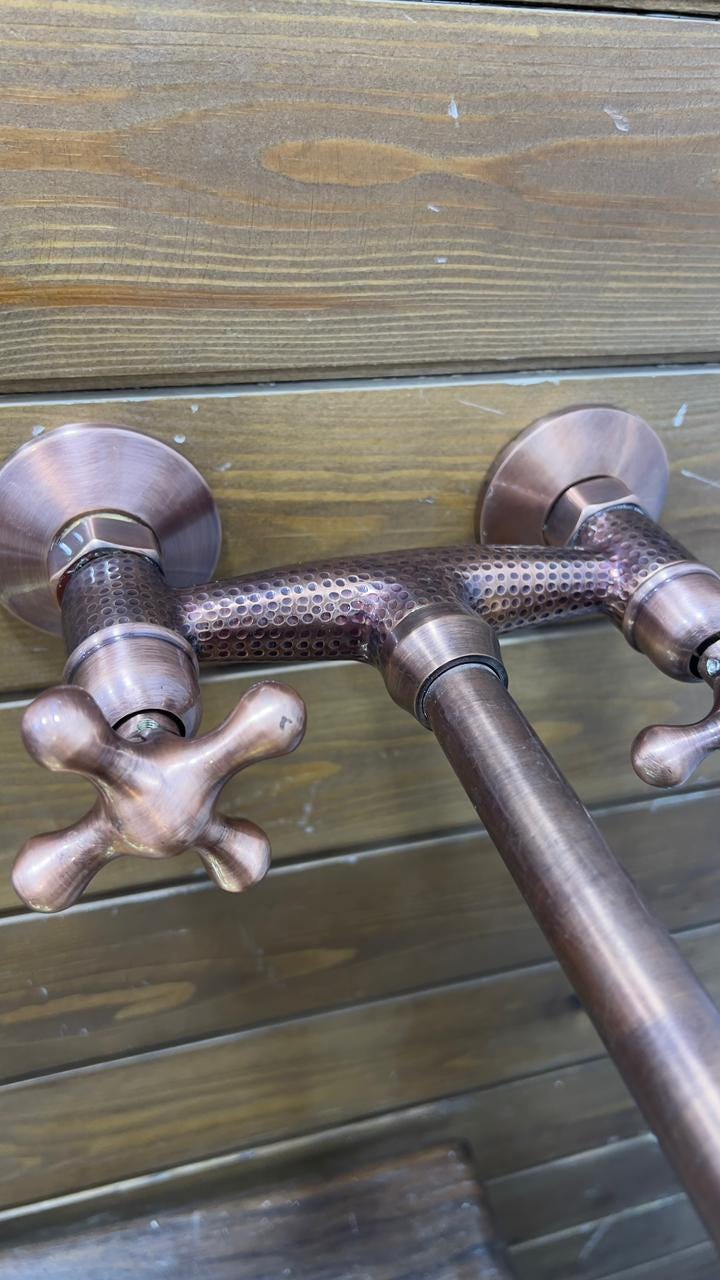 Wall Mount Copper Sink Faucet with Cross Handles.