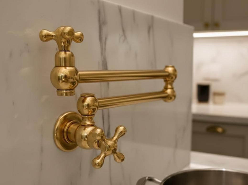 Unlacquered Solid Brass Pot Filler Faucet – Wall Mounted Kitchen Stove Pot Filler.
