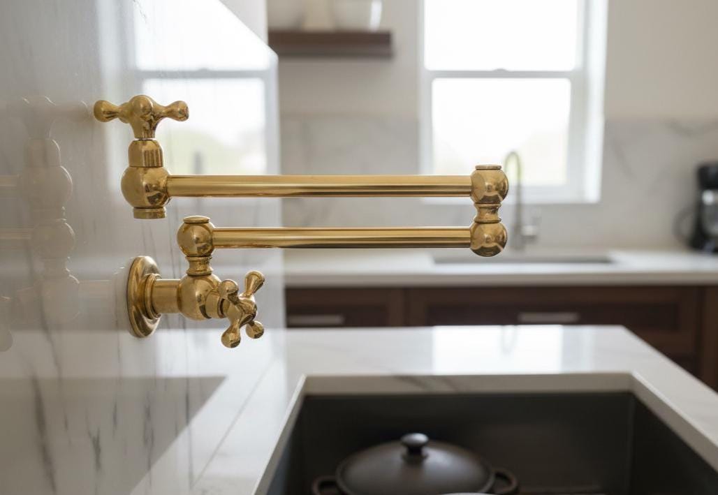 Unlacquered Solid Brass Pot Filler Faucet – Wall Mounted Kitchen Stove Pot Filler.