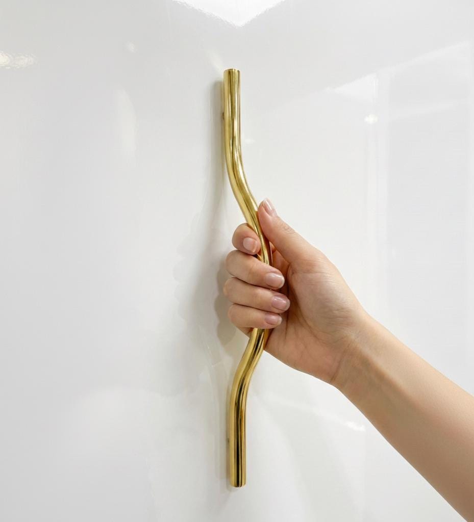 Unlacquered Brass Curved Arch Cabinet Handles.