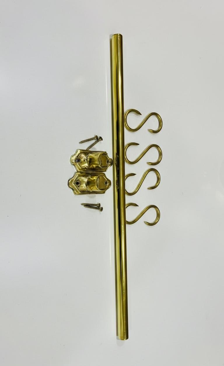Unlacquered Brass Pot Rail with S-Hooks – Solid Brass Kitchen Hanging Rack.