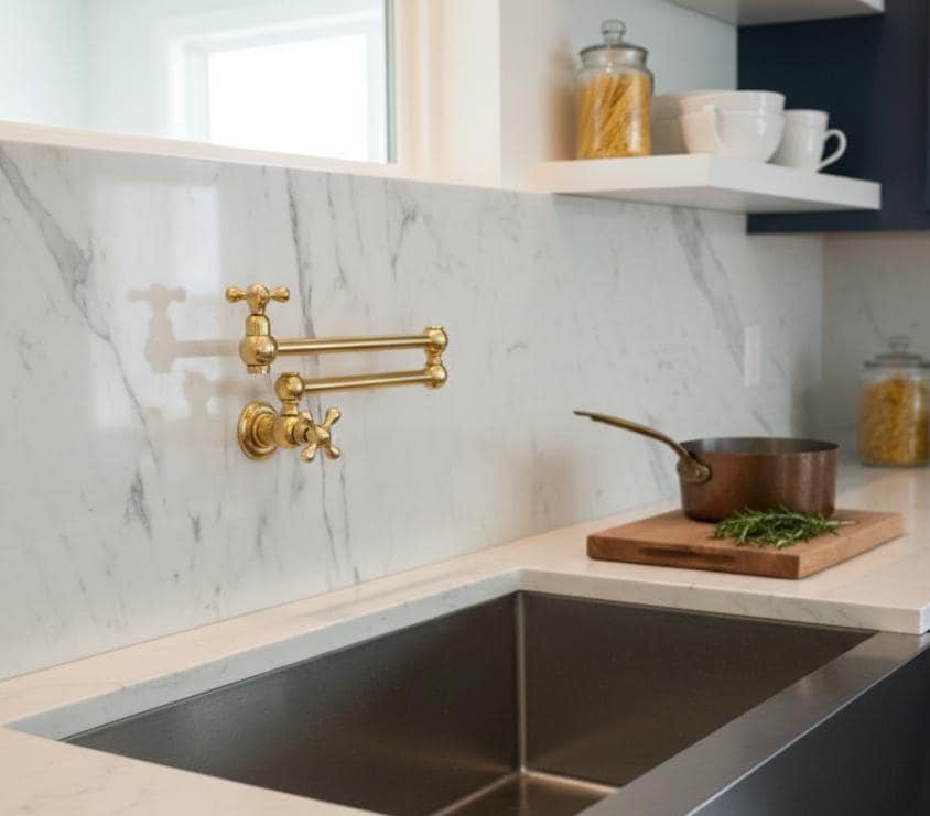 Unlacquered Solid Brass Pot Filler Faucet – Wall Mounted Kitchen Stove Pot Filler.