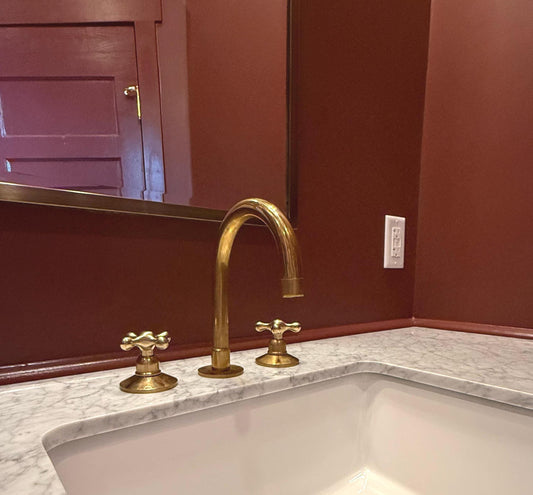 Unlacquered Brass Bathroom Faucet: 3-Hole Deck Mount Vanity Tap.